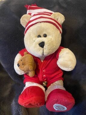 Starbucks 2007 Plush Bear in Red Holiday Outfit with Striped Hat